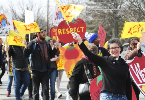 Rev. Noelle Damico represents the Presbyterian Church (USA) at the 2014 March on Wendy's Headquarters.  PC USA has been marching alongside farmworkers since 2002.