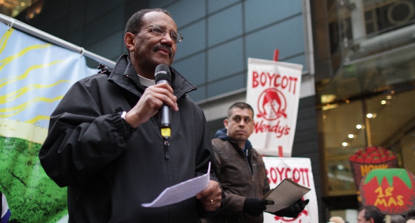 Rev. Michael Livingston, Executive Minister of Manhattan's towering Riverside Church, a part of the United Church of Christ, speaking at the launch of the Wendy's Boycott in March 2016